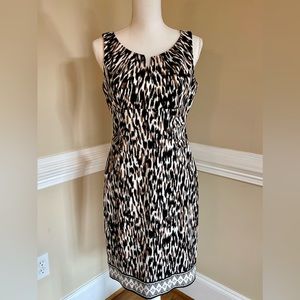 London Times Animal Print Sheath Dress, Sleeveless, Size 8, Knee Length, Cotton